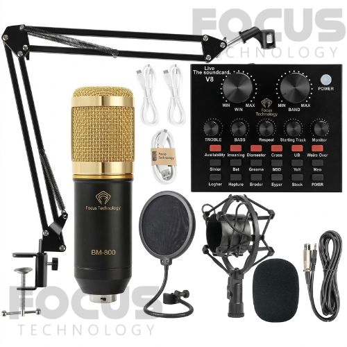 Kit Micrófono de Condensador Profesional + Brazo Flexible + Tarjeta de Sonido V8